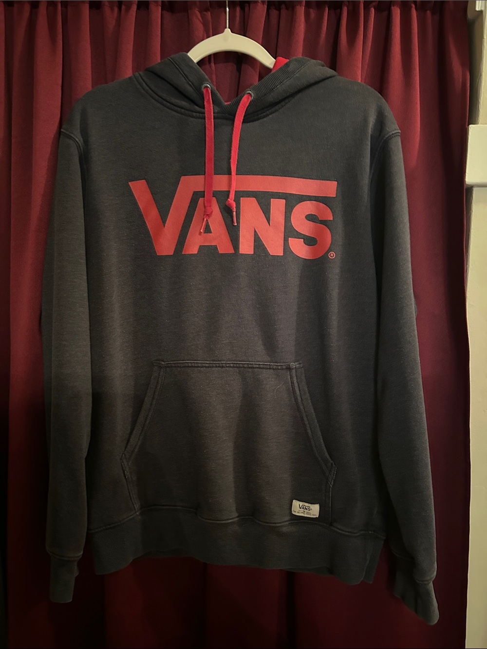 Men’s Vintage Vans Black Hoodie with Red Logo and Red Drawstrings M